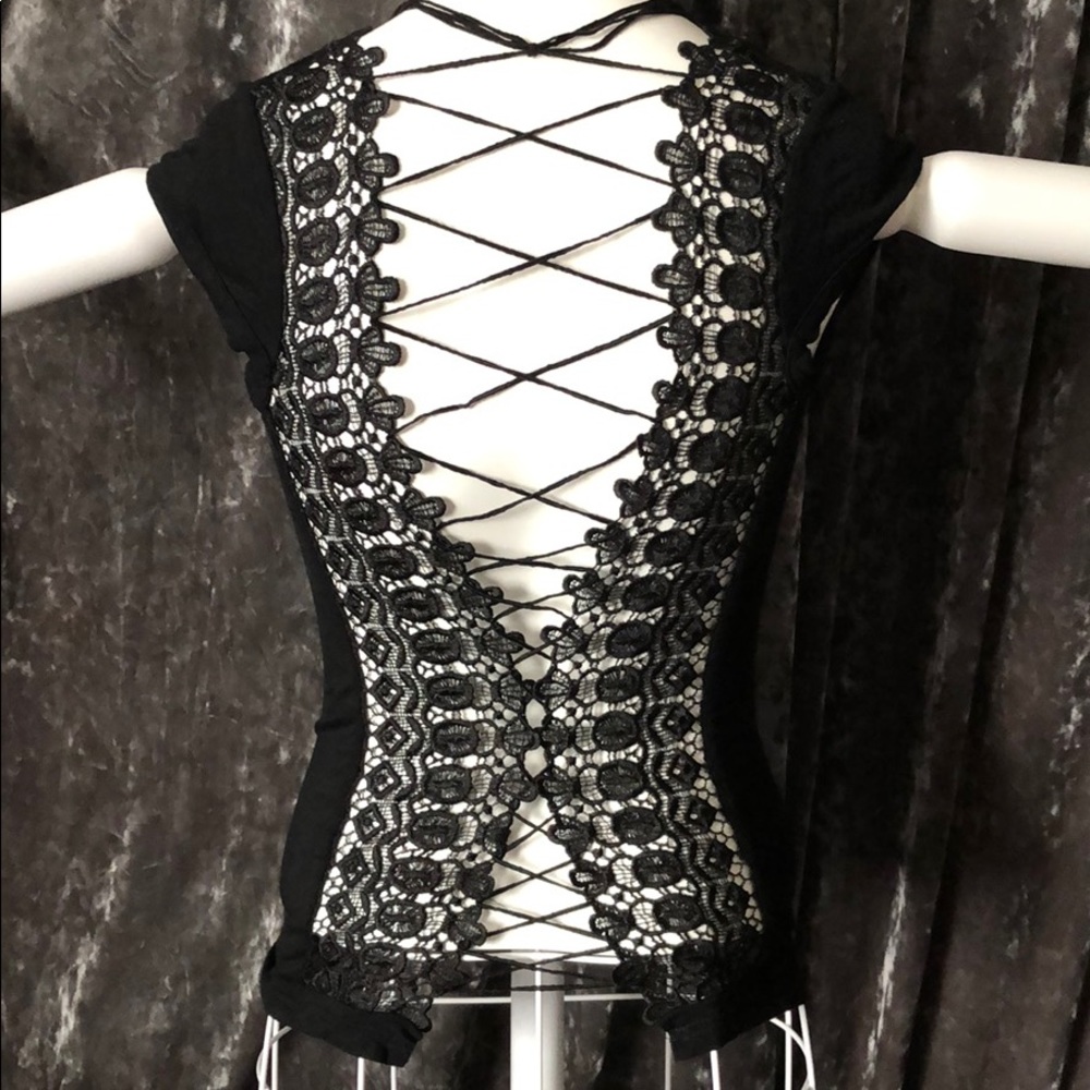 French lace open back lace up short sleeve shirt